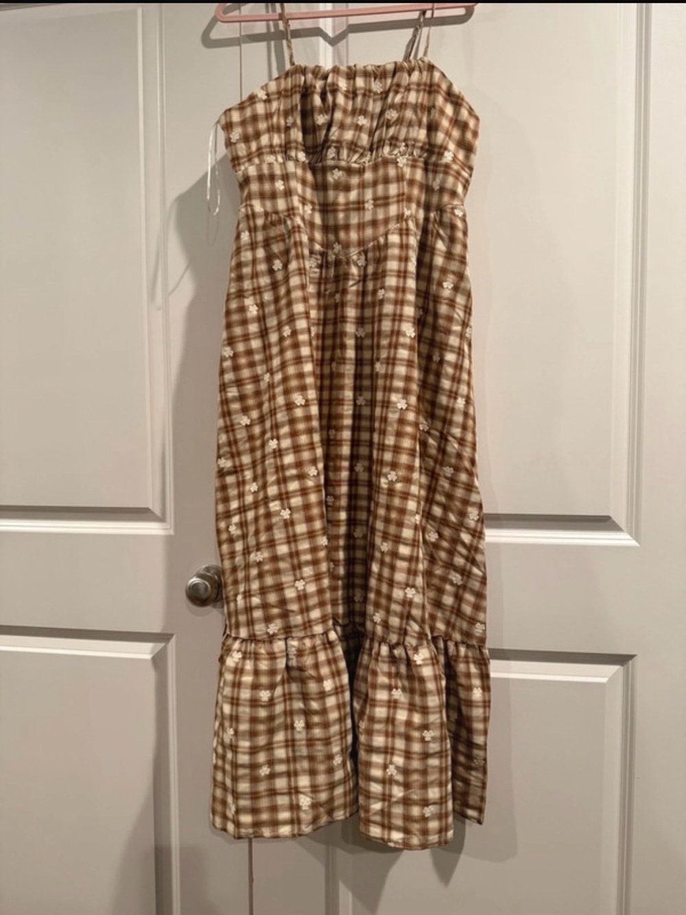 Beautiful embroidered Plaid Strapless Midi Dress in Brown with Floral Detail